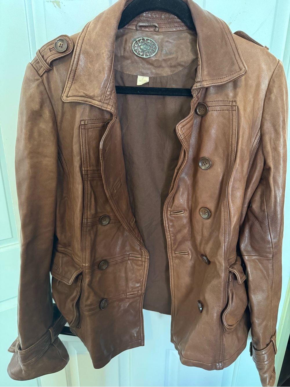 Anthropologie Tan Leather Double-Breasted Jacket